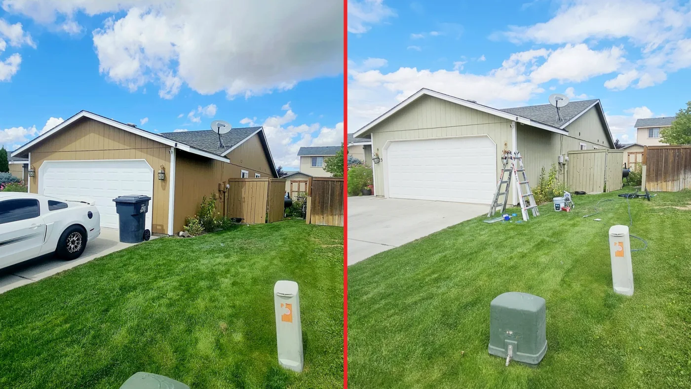 Side-angle exterior repaint — before and after